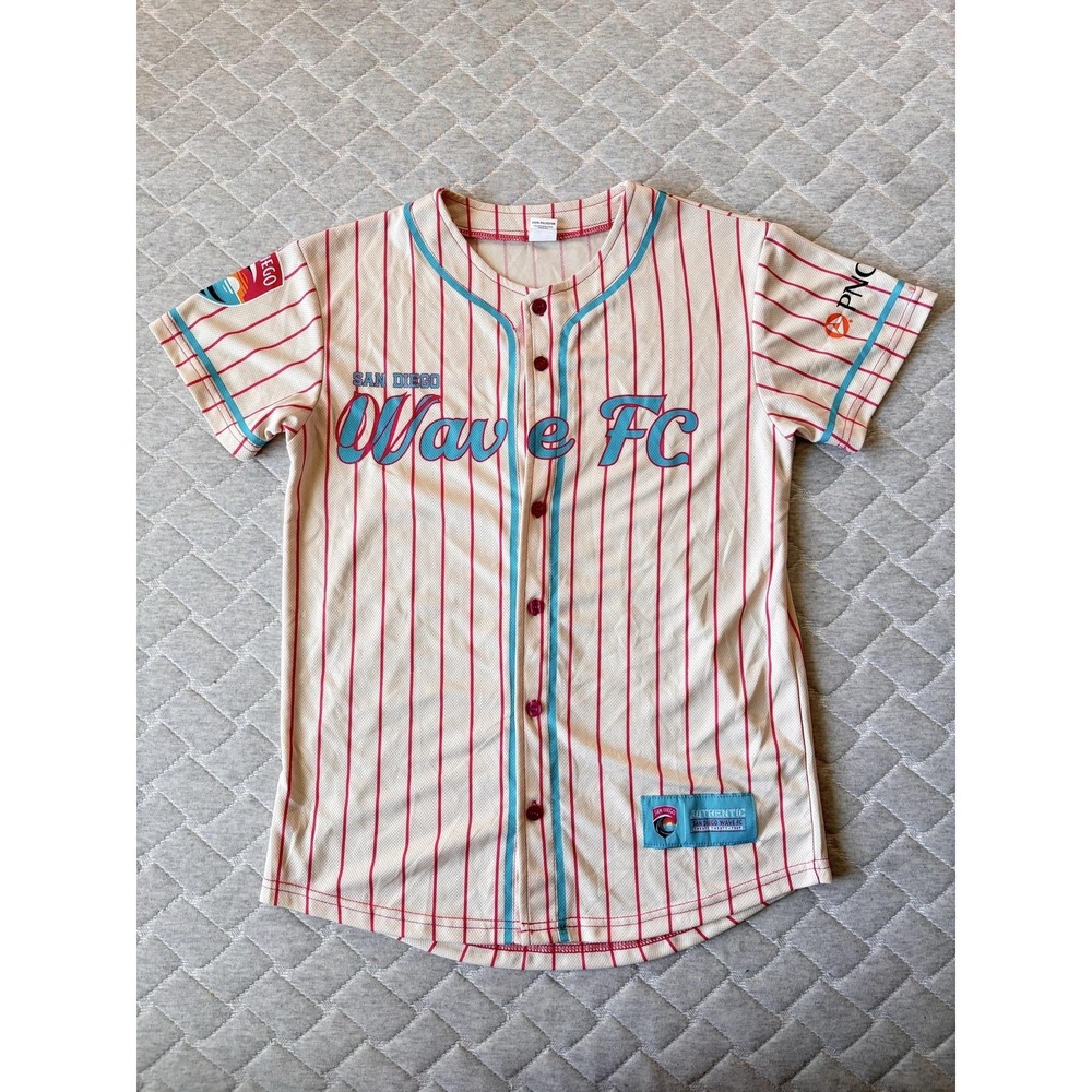 San Diego Wave FC Jersey Youth Large White Pink Soccer Button Front 24 Pinstripe